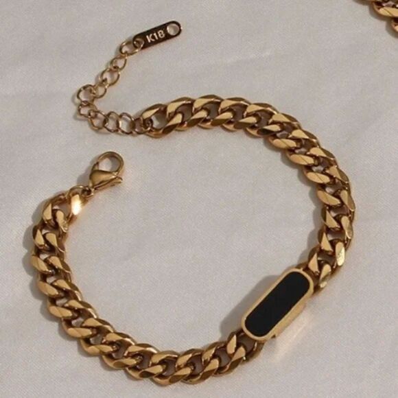 New Chunky 18k Gold Plated Cuban Chain Black Shell Bracelet - Picture 1 of 12